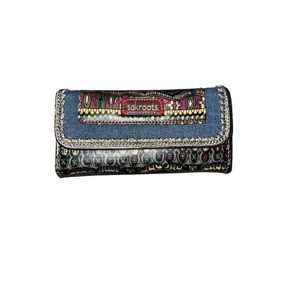 Sakroots Nature Gold Glitter Trifold Wallet Multicolor Bird Embroidered in Pink - Picture 1 of 3